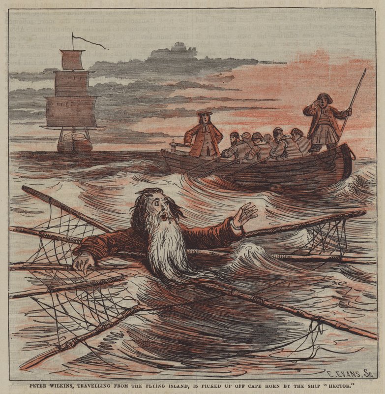 Peter Wilkins, som reiser fra Flying Island, blir plukket opp utenfor Kapp Horn av skipet "Hector" (farge litho) av after Hablot Knight Browne
