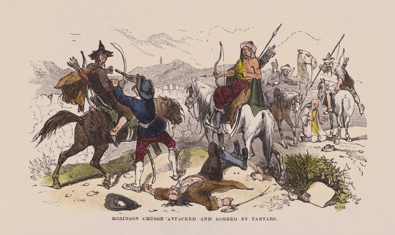 Robinson Crusoe angrepet og ranet av tartarer (farget gravering) av after Hablot Knight Browne
