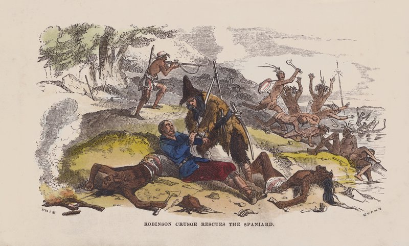 Robinson Crusoe redder spanjolen (farget gravering) av after Hablot Knight Browne