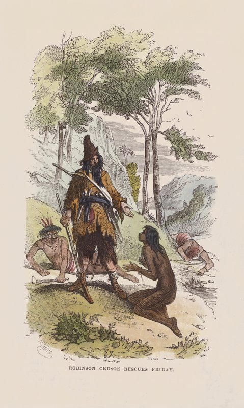 Robinson redder fredag (farget gravering) av after Hablot Knight Browne