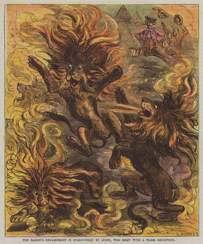 Baronens leir er omgitt av løver, som møter en varm mottakelse (farge litho) av after Hablot Knight Browne