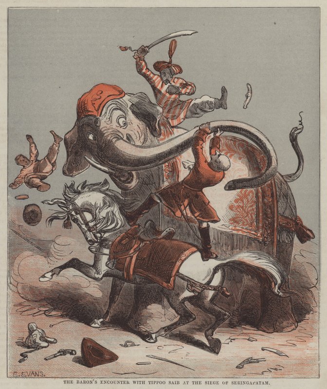 Baronens møte med Tippoo Saib ved beleiringen av Seringapatam (farge litho) av after Hablot Knight Browne