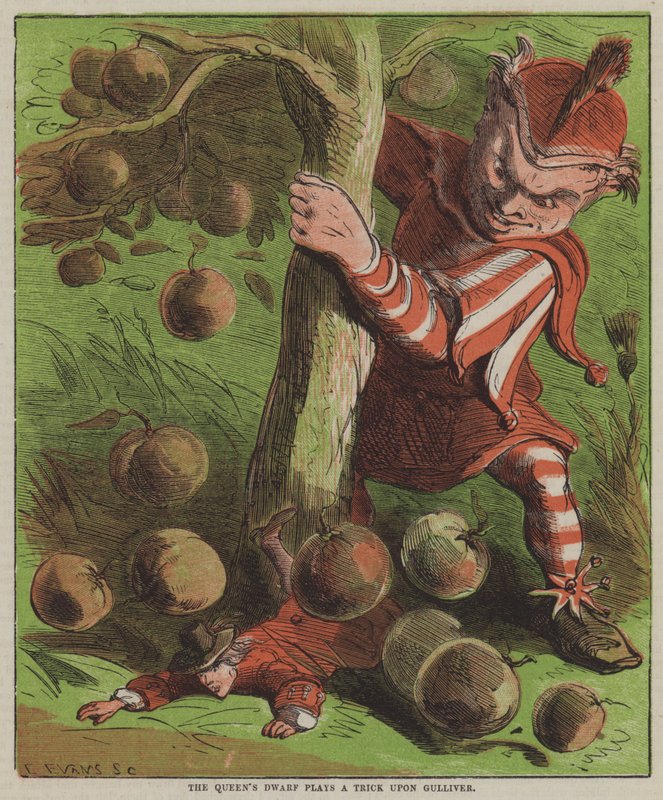 Dronningens dverg spiller Gulliver et puss (farge litho) av after Hablot Knight Browne