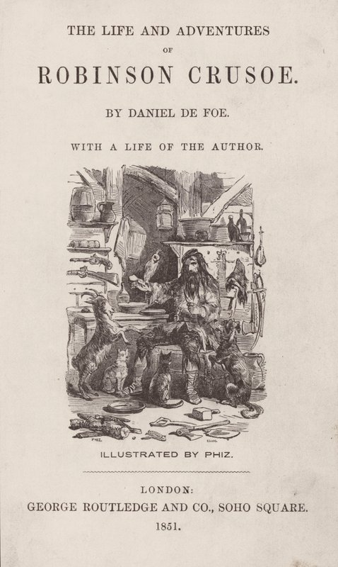 Tittelside for The Life and Adventures of Robinson Crusoe (farget gravering) av after Hablot Knight Browne