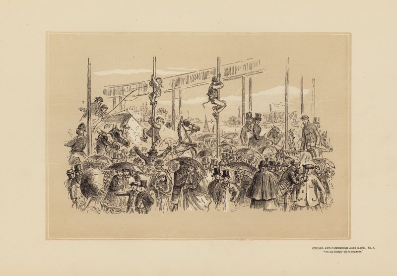 Oxford og Cambridge Boat Race, nr. 3, på broen (gravering) av Hablot Knight (1815-92) Browne