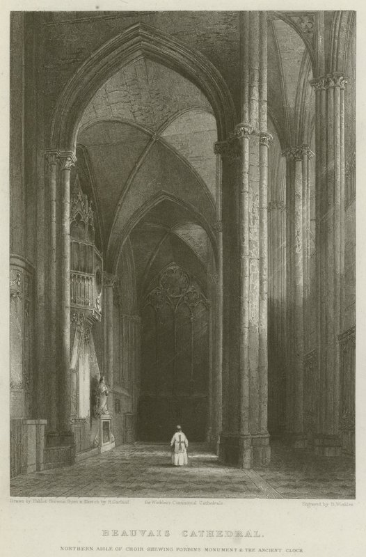 Beauvais-katedralen, den nordlige korgangen som viser Forbins-monumentet og den gamle klokken av Hablot Knight Browne