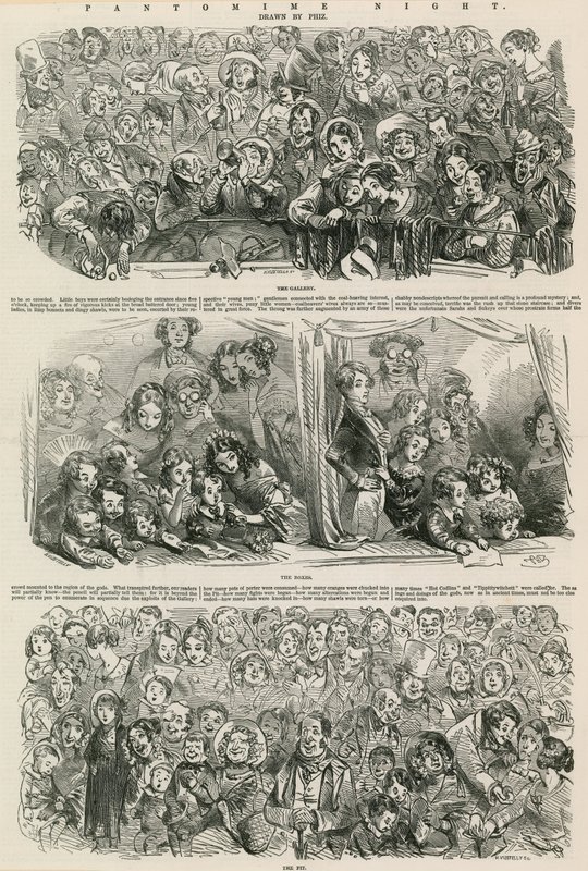 Pantomime Night: The Gallery, The Boxes, The Pit (gravering) av Hablot Knight Browne