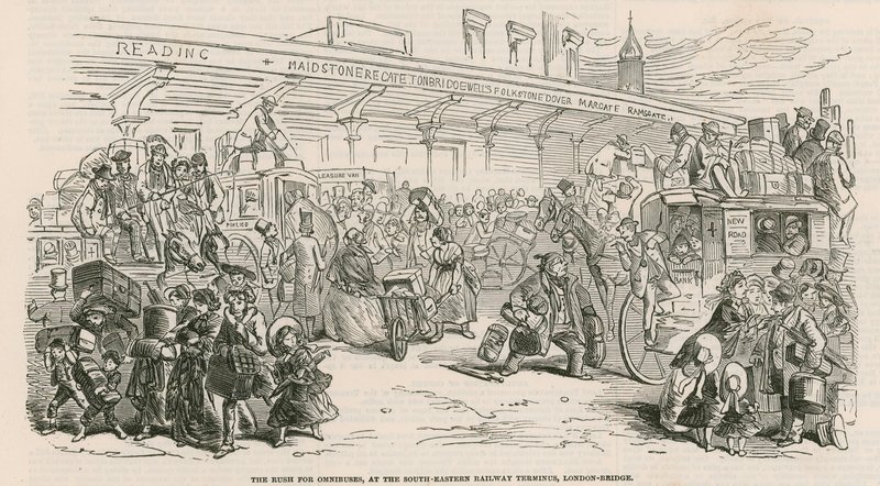 The Great Cab Strike: Suset etter omnibusser, ved South-Eastern Railway Terminus, London Bridge av Hablot Knight Browne