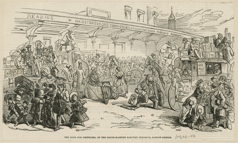 Suset etter omnibusser ved den sørøstlige jernbaneterminalen, London Bridge av Hablot Knight Browne