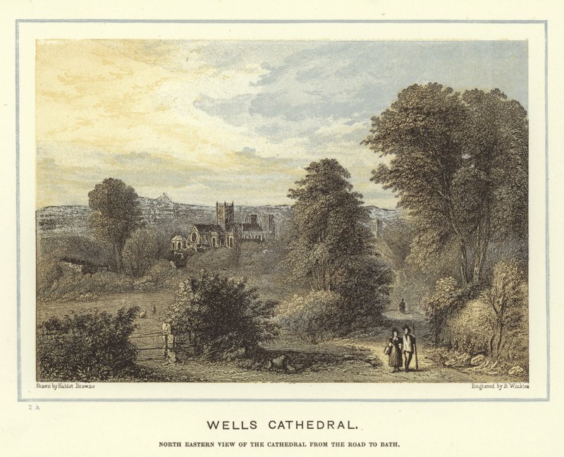 Wells Cathedral, nordøstlig utsikt over katedralen fra veien til badet av Hablot Knight Browne