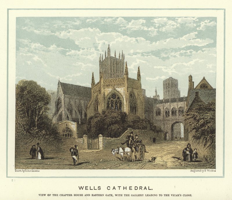 Wells Cathedral, utsikt over kapittelhuset og den østlige porten, med galleriet som fører til Vicar