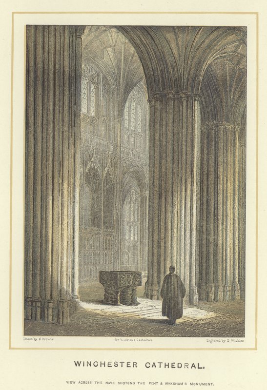 Winchester Cathedral, utsikt over skipet som viser fronten og Wykehams-monumentet av Hablot Knight Browne