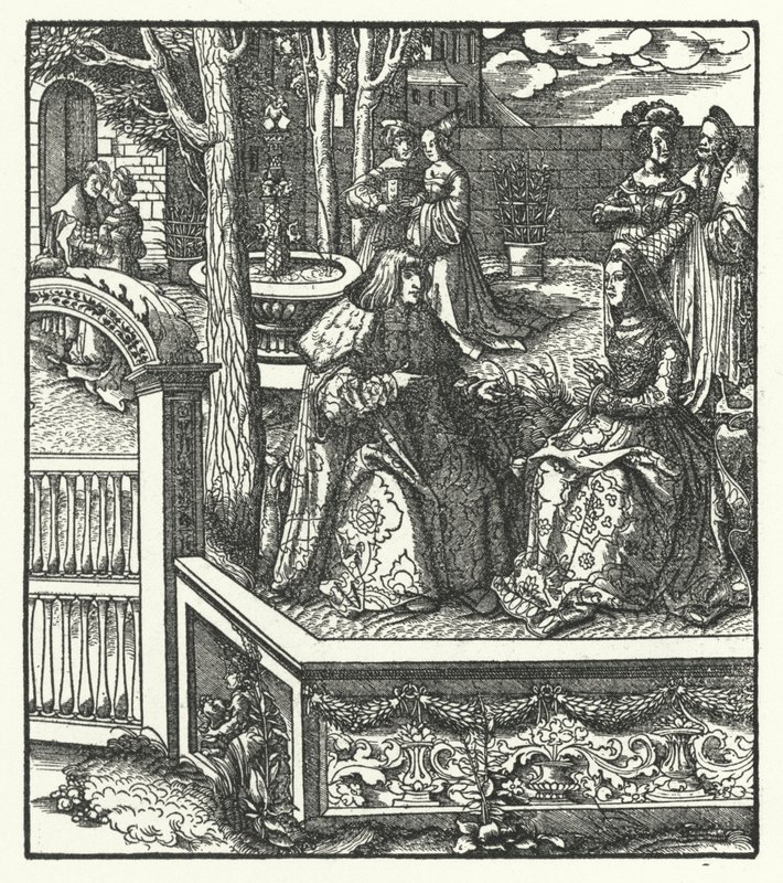 Erkehertug Maximilian av Østerrike og hans kone, Maria av Burgund, lærer hverandre sine respektive språk (gravering) av Hans (after) Burgkmair