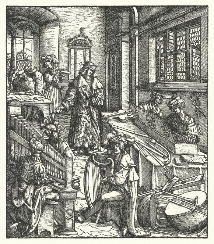Erkehertug Maximilian av Østerrike som beskytter av musikk (gravering) av Hans (after) Burgkmair