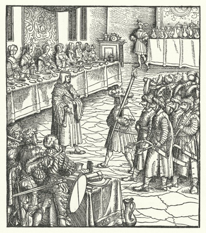 Erkehertug Maximilian av Østerrike regisserer et mummers skuespill (gravering) av Hans (after) Burgkmair