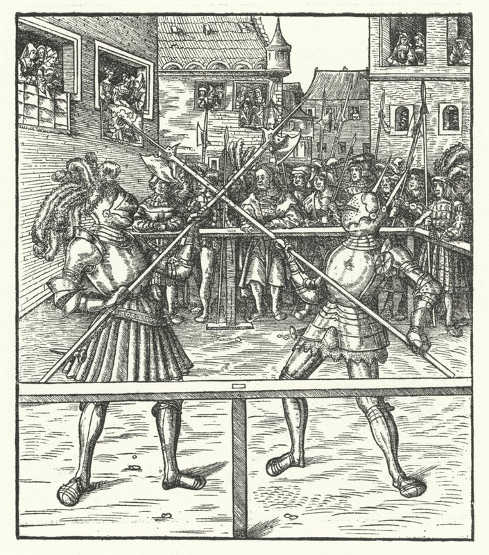 Erkehertug Maximilian av Østerrike kjemper til fots ved hjelp av en hellebard (gravering) av Hans (after) Burgkmair