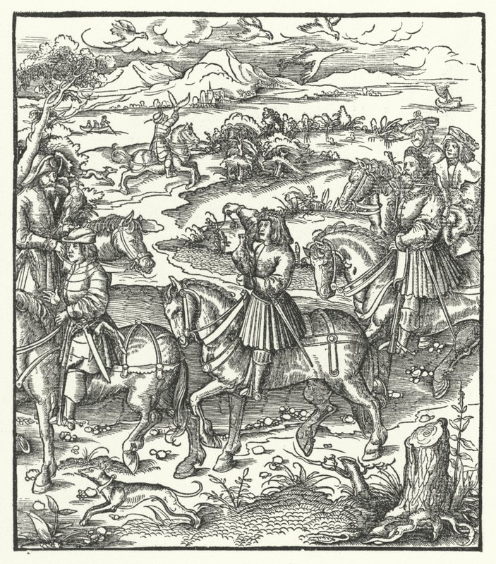 Erkehertug Maximilian av Østerrike jakter hegre (gravering) av Hans (after) Burgkmair