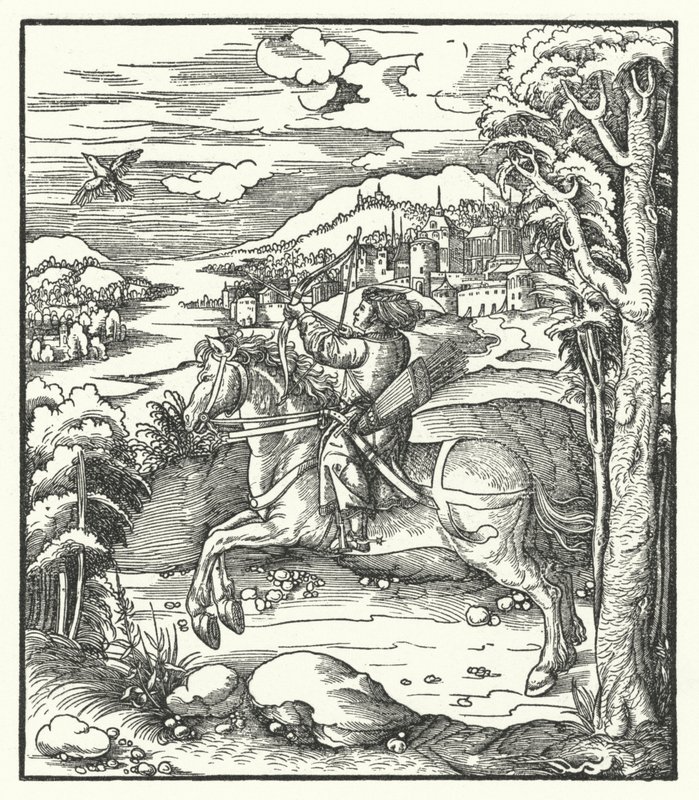 Erkehertug Maximilian av Østerrike jakter på hesteryggen (gravering) av Hans (after) Burgkmair