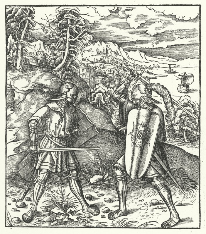 Erkehertug Maximilian av Østerrike i rustning som kjemper med et sverd (gravering) av Hans (after) Burgkmair