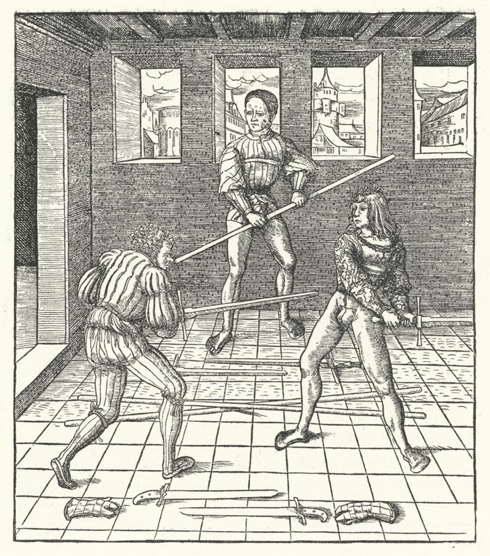 Erkehertug Maximilian av Østerrike lærer kunsten å fekte (gravering) av Hans (after) Burgkmair