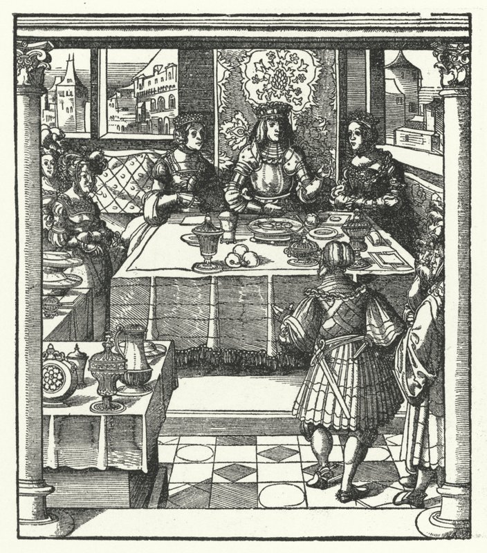 Erkehertug Maximilian av Østerrike på besøk til sin fremtidige kone, Maria av Burgund, og moren hennes, Isabella av Bourbon (gravering) av Hans (after) Burgkmair