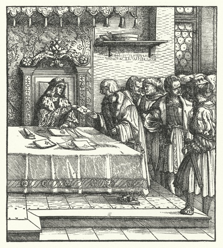 Erkehertug Maximilian av Østerrike skriver bokstaver (gravering) av Hans (after) Burgkmair
