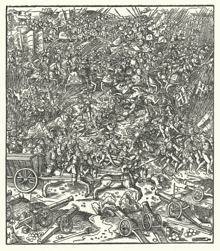 Slaget ved Guinegate, Frankrike, 7. august 1479 (gravering) av Hans (after) Burgkmair