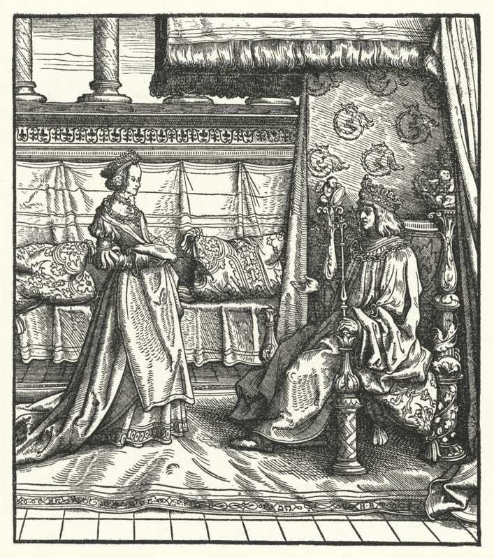 Karl den dristige, hertugen av Burgund, med datteren Maria, som senere giftet seg med den fremtidige hellige romerske keiseren Maximilian I i 1477 (gravering) av Hans (after) Burgkmair