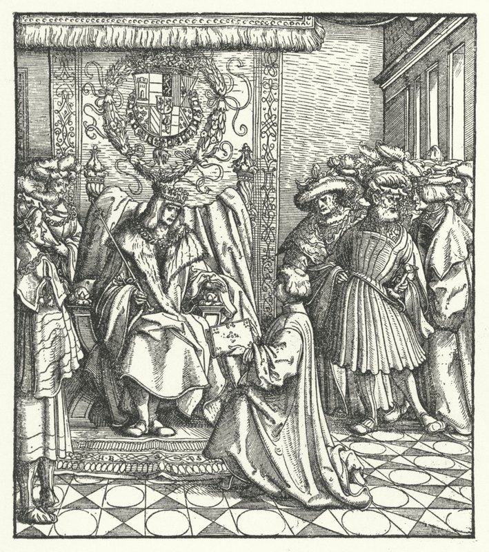 Dedikasjon av en bok til den hellige romerske keiser Maximilian I (gravering) av Hans (after) Burgkmair