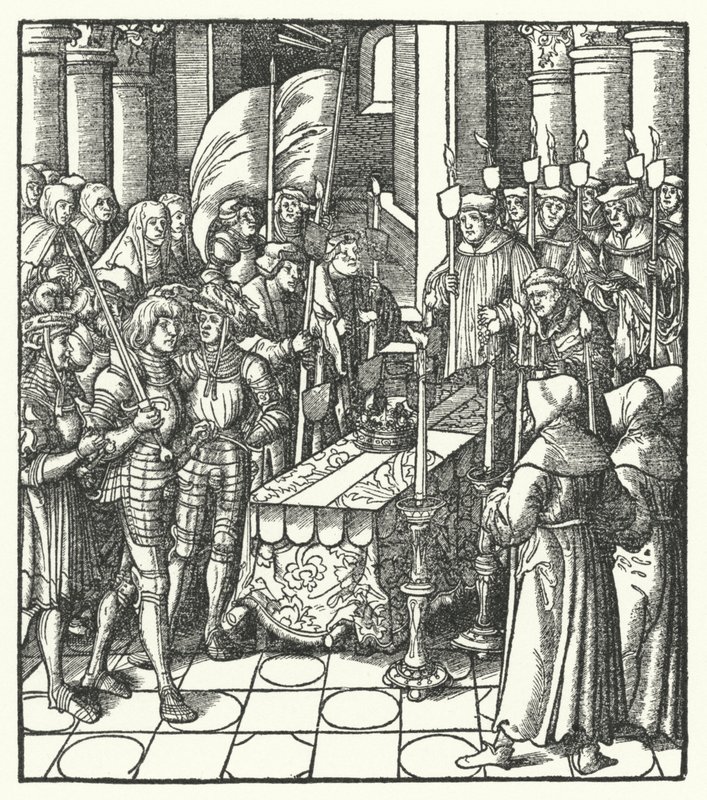 Kong Louis XII av Frankrike ved siden av kisten til sin forgjenger, kong Charles VIII av Hans (after) Burgkmair