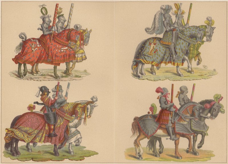 Riddere til hest (farge litho) av Hans (after) Burgkmair