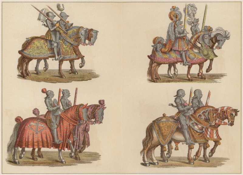 Riddere til hest (farge litho) av Hans (after) Burgkmair