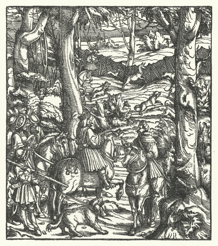 Maximilian I, romernes konge, mottok en melding mens han jaktet (gravering) av Hans (after) Burgkmair