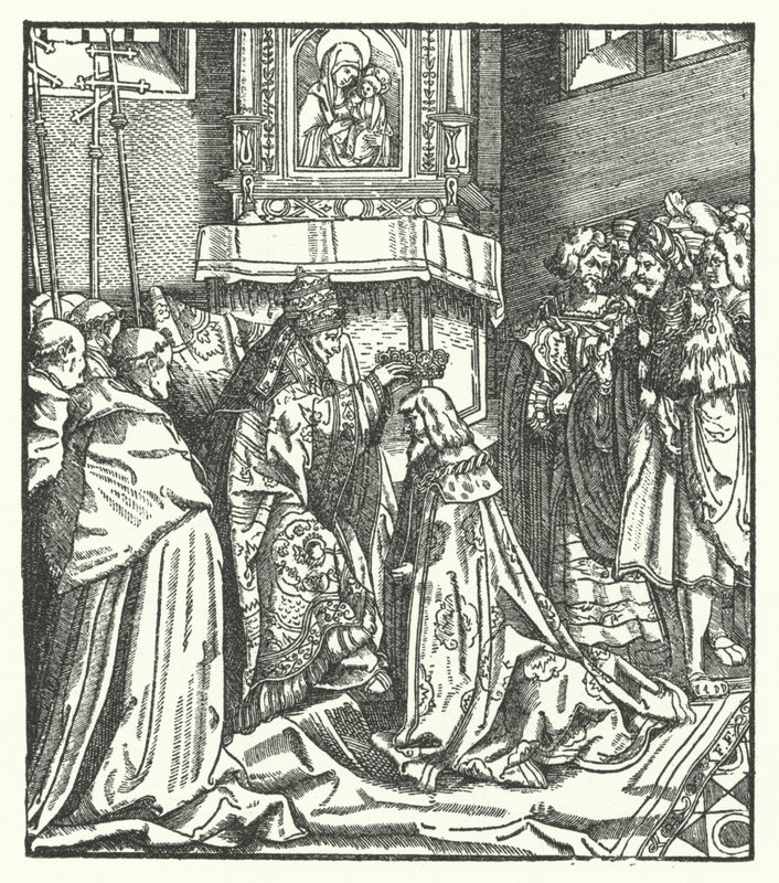 Pave Nicholas V kronet Frederick III til den hellige romerske keiseren i Roma av Hans (after) Burgkmair