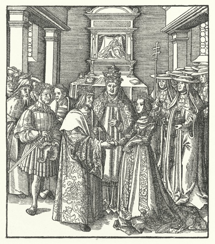 Pave Nicholas V presiderer over ekteskapet til den hellige romerske keiser Frederick III og Eleanor av Portugal i Roma av Hans (after) Burgkmair