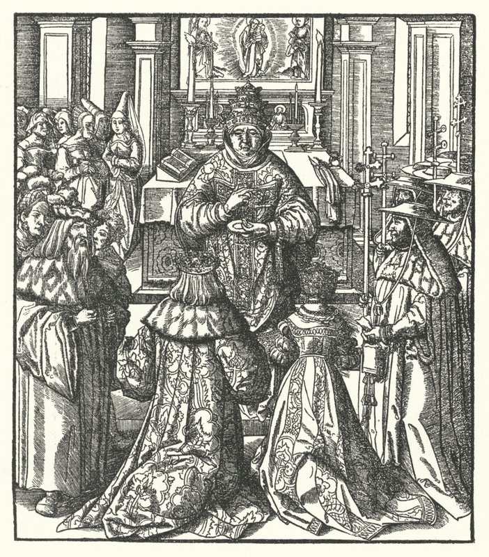 Den hellige romerske keiser Frederick III og keiserinne Eleanor mottar nattverd fra paven (gravering) av Hans (after) Burgkmair