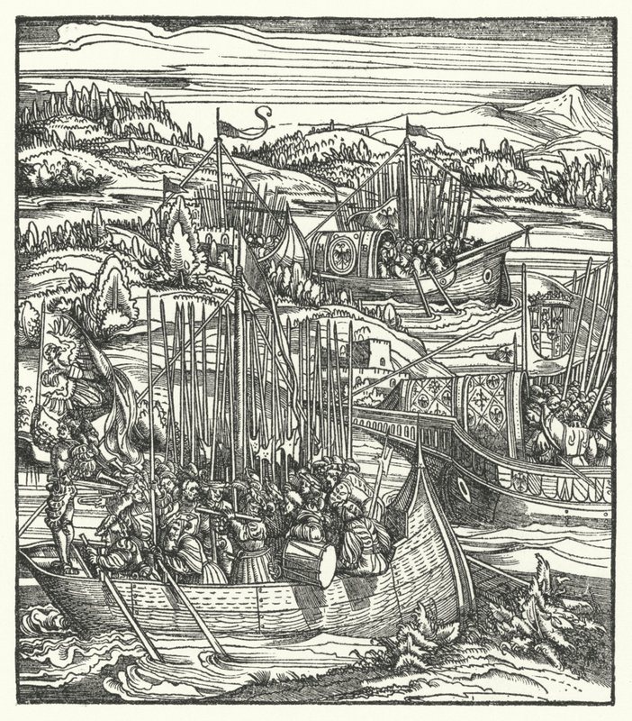 Den hellige romerske keiser Maximilian I med sin flåte ved La Spezia, Italia av Hans (after) Burgkmair