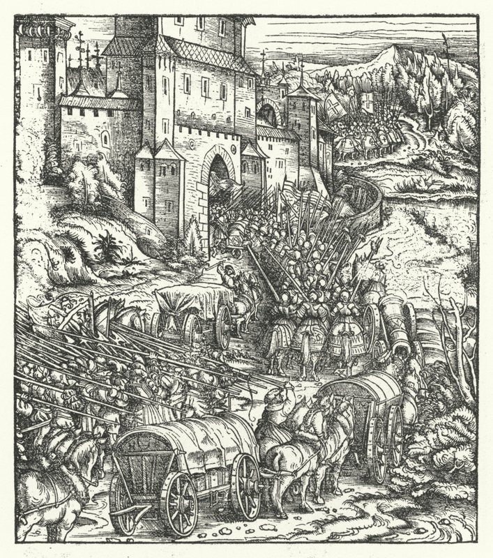 Erobringen av byen Tongeren av Hans (after) Burgkmair