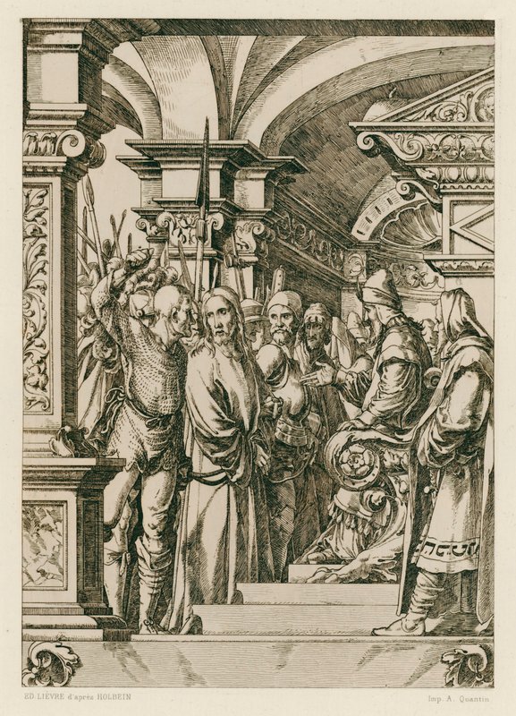 Jesus Kristus foran Kaifas (gravering) av Hans (after) Holbein the Younger