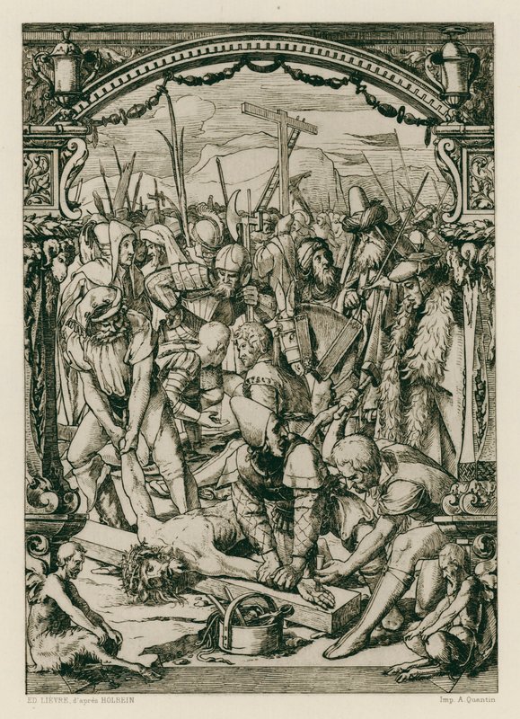 Jesus Kristus, naglet til korset (gravering) av Hans (after) Holbein the Younger