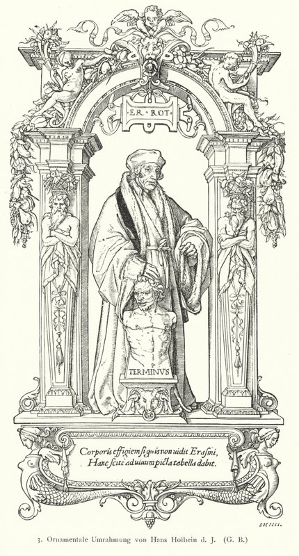 Portrett av nederlandsk renessansehumanistforsker Desiderius Erasmus med ornamental ramme (gravering) av Hans (after) Holbein the Younger