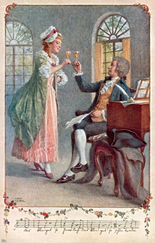 Mozart jobber med sin opera "Tryllefløyten" på teatret i Wieden-distriktet i Wien (farge litho) av Hans Printz