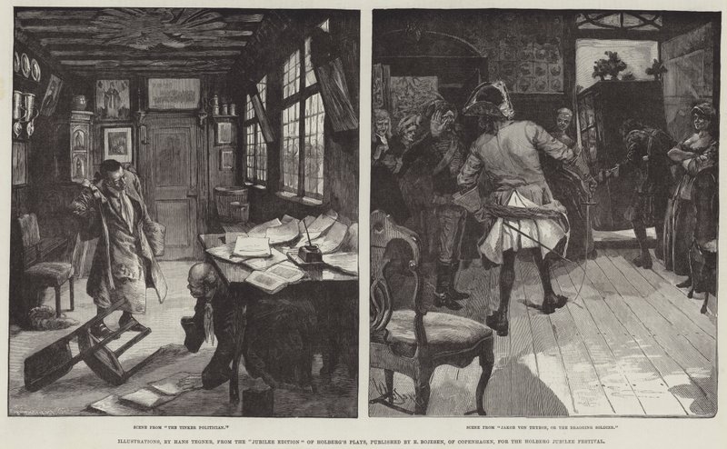 Illustrasjoner, fra jubileumsutgaven av Holbergs skuespill, utgitt av E Bojesen, København, for Holberg Jubilee Festival av Hans Tegner