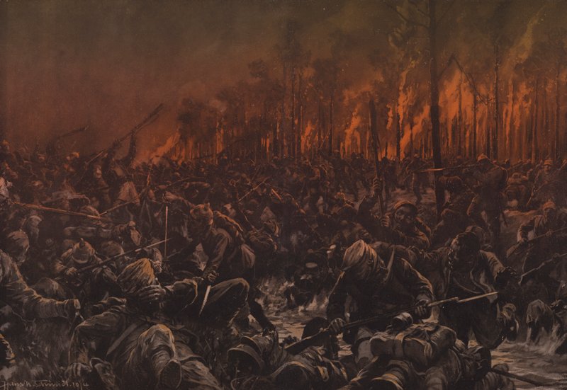 Et nattangrep på de britiske stillingene på Yser (farge litho) av Hans W. (after) Schmidt