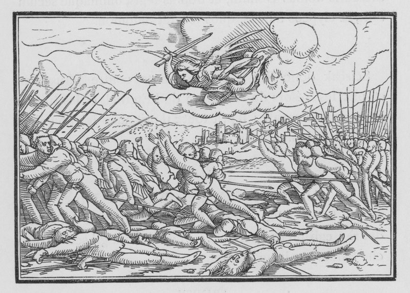 En engel ødelegger den assyriske hæren, 2 Krønikebok XXXII, 21 av Hans after Holbein the Younger