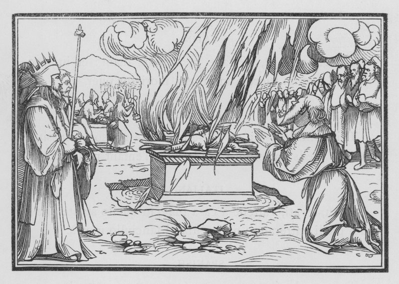 Elijah ber, blir besvart av ild fra himmelen, 1. Kongebok XVIII, 38 av Hans after Holbein the Younger