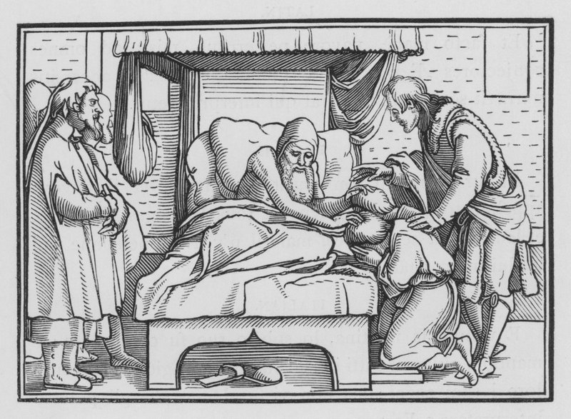 Jakob velsigner Josef og hans to sønner, 1. Mosebok XLVIII, 14 av Hans after Holbein the Younger