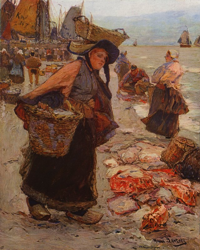 Nederlandsk fiskemarked (farge litho) av Hans von Bartels