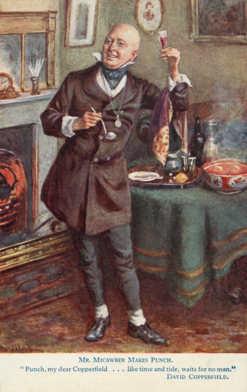 Mr Micawber lager punch, scene fra Charles Dickens roman David Copperfield av Harold Copping