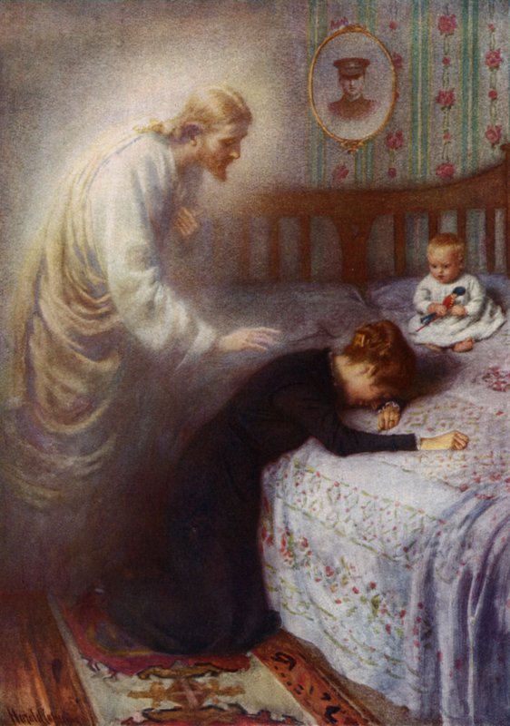 Kristus trøsteren: Jesus trøster en sørgende britisk krigsenke (farge litho) av Harold Copping